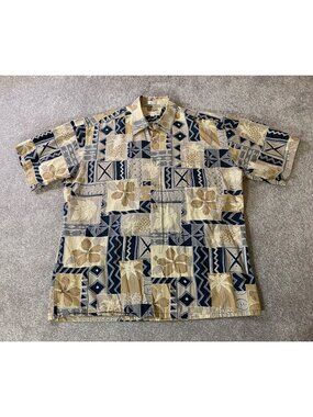 Pierre Cardin Mens Hawaiian Shirt Beige & Navy Tropical Print Cotton Large